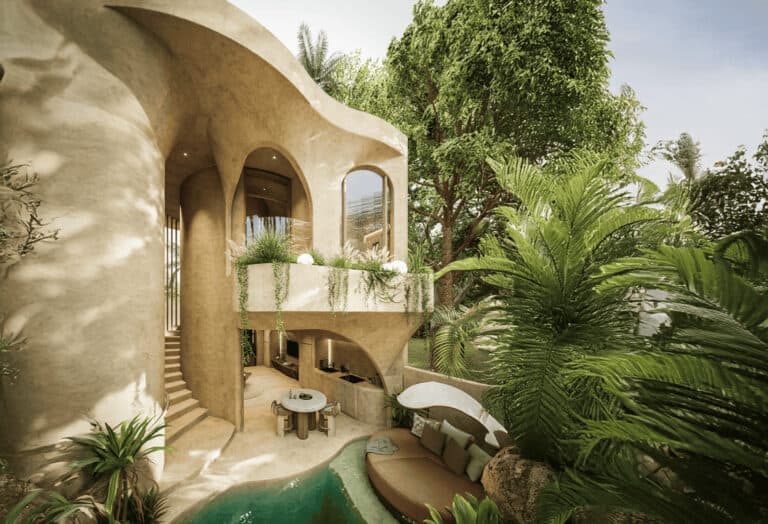 Modern villa with pool and lush greenery.