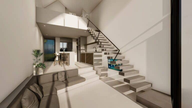 Modern interior with floating stairs and minimalist decor.