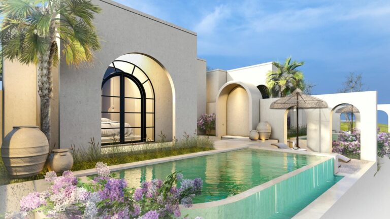 Luxurious villa with pool and garden view.