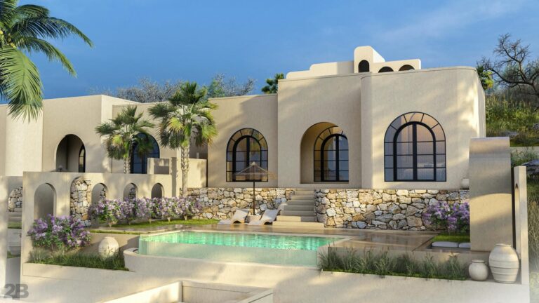 Mediterranean villa with pool and palm trees