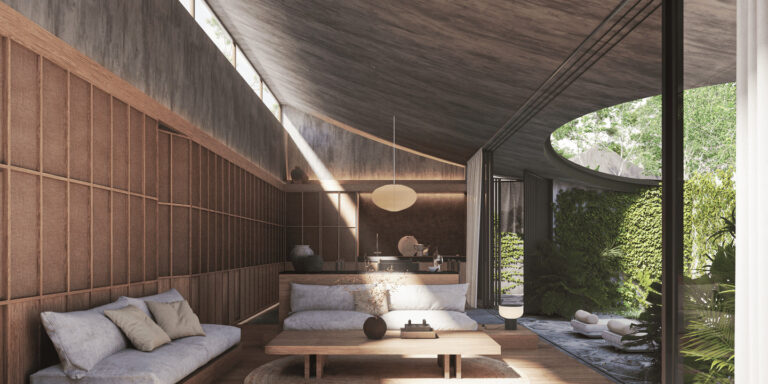 Modern living room with garden view