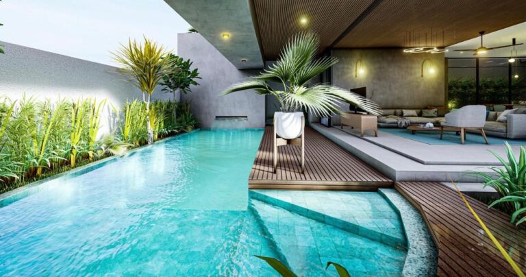 Modern outdoor patio with pool and plants.