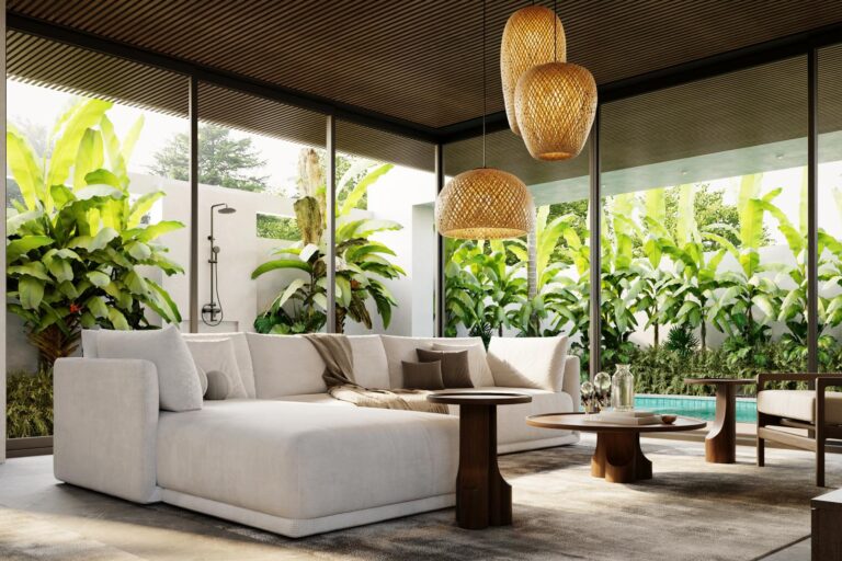Modern living room with pool and tropical view.