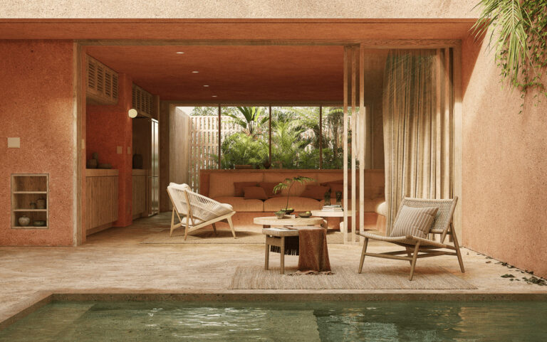 Modern patio with pool and outdoor furniture.