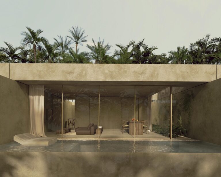 Modern villa with pool and palm trees.