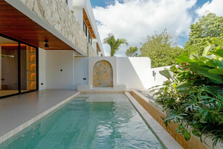 Modern house with pool and lush garden