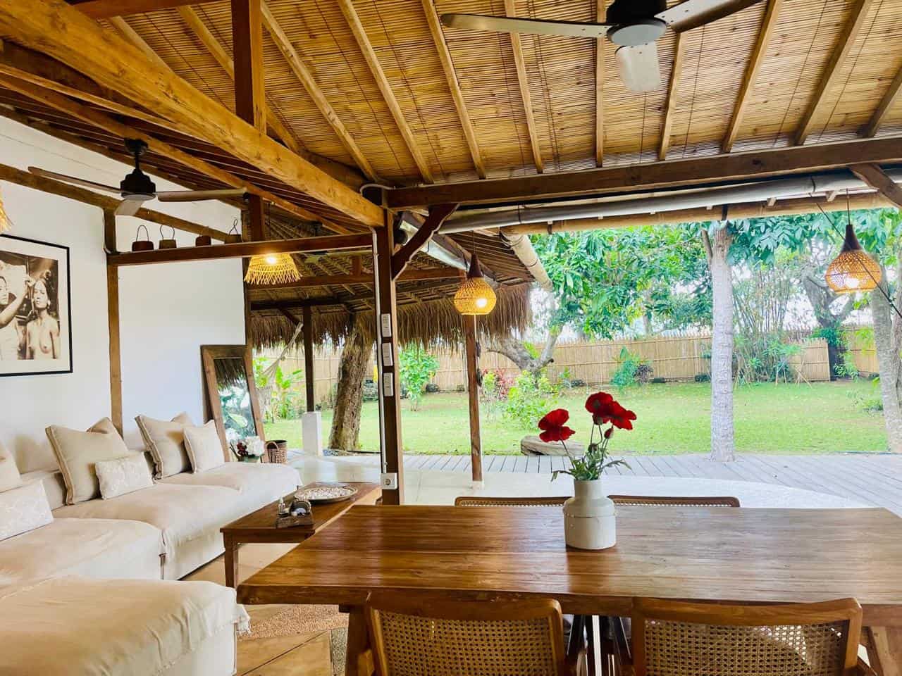 Cozy living room with garden view.
