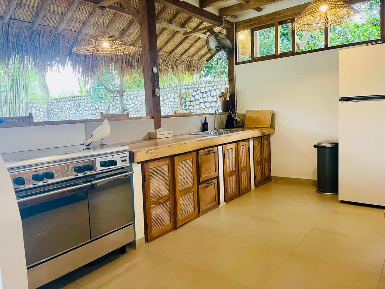 Rustic kitchen with bird on stove