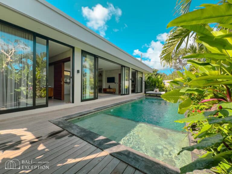Modern villa with pool and tropical garden view.