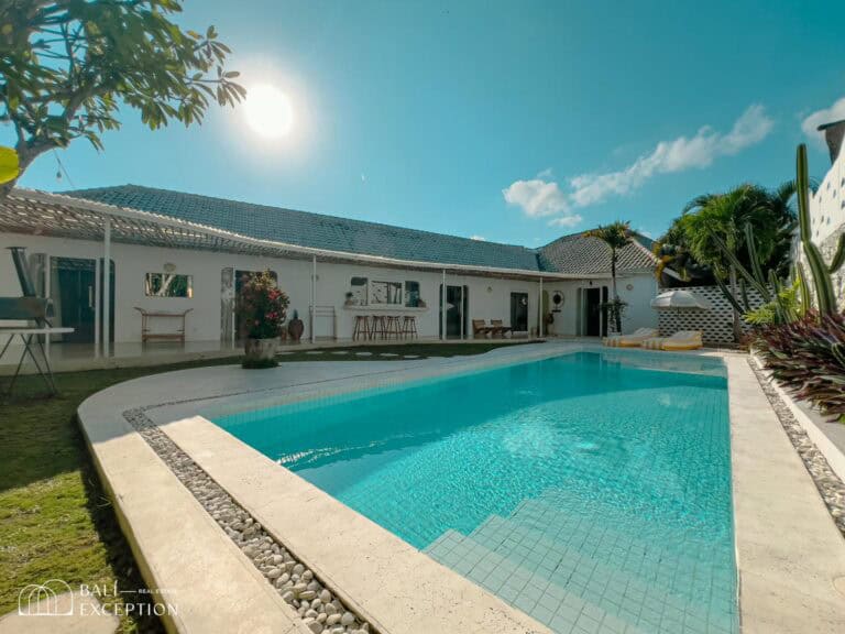 Modern villa with pool under clear sky
