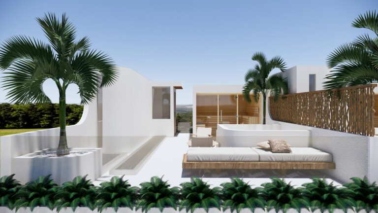 Modern rooftop terrace with palm trees and seating area.