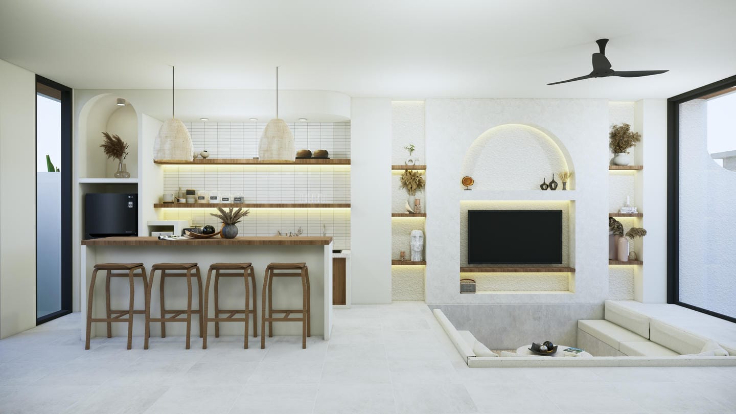 Modern kitchen and living room with minimalist design.