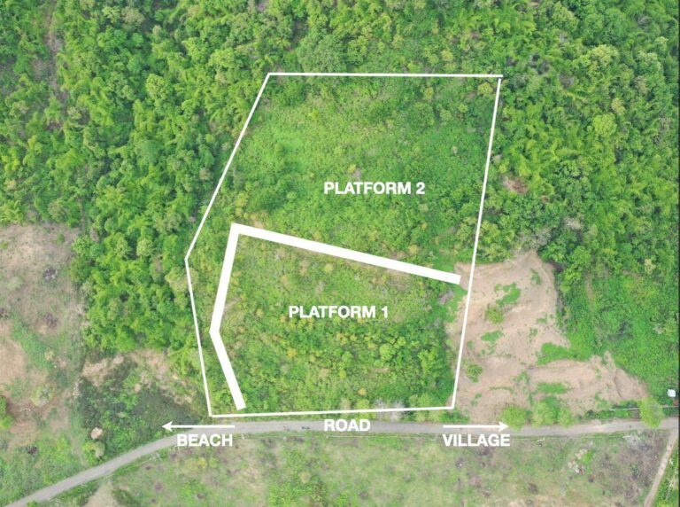 Aerial view of platforms, road, beach, and village.