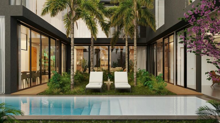 Modern patio with pool and palm trees.