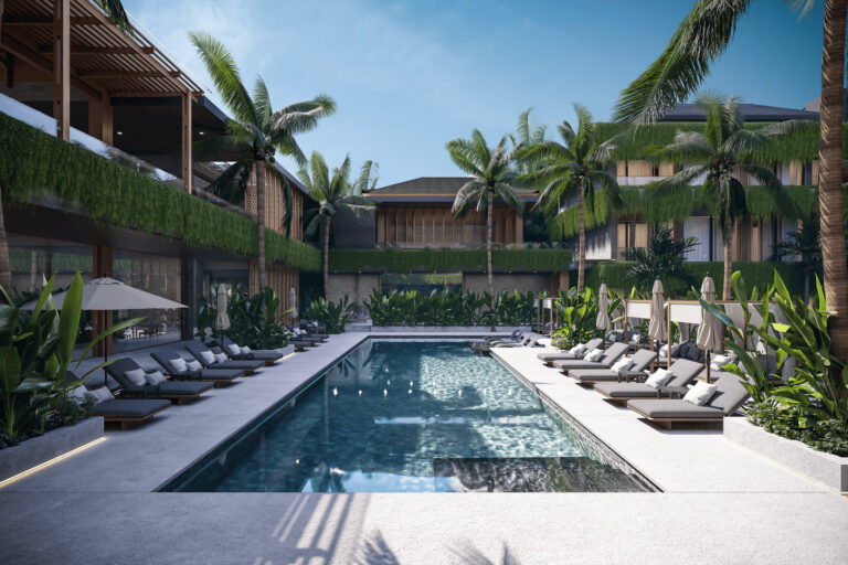 Luxury resort pool with palm trees and loungers