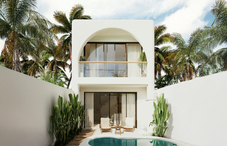 Modern villa with pool and palm trees