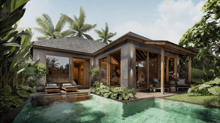 Tropical villa with pool and lush greenery.
