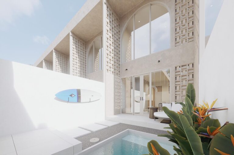 Modern outdoor patio with pool and surfboard decor.
