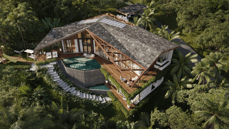 Modern treehouse with pool in lush forest setting.