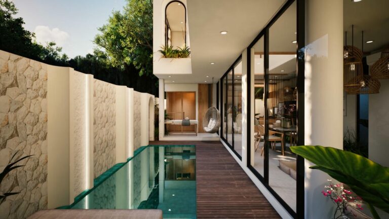 Modern house with pool and patio area.