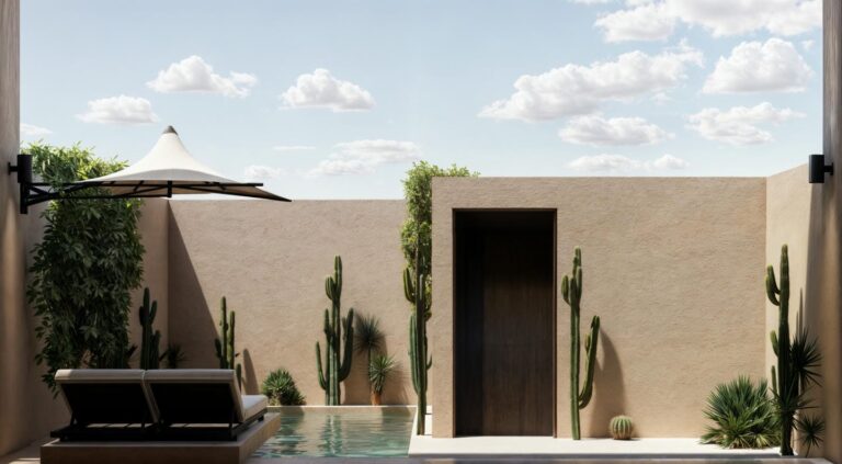 Modern patio with pool and cacti in desert.