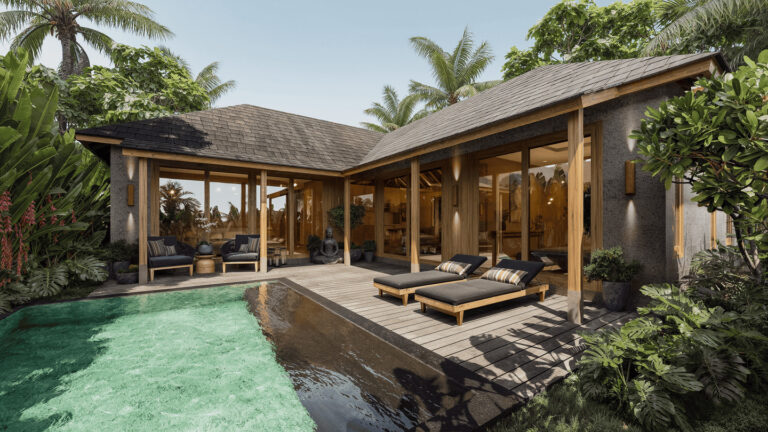 Tropical villa with pool and lush greenery