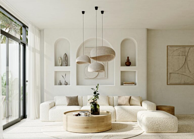 Modern minimalist living room with natural light