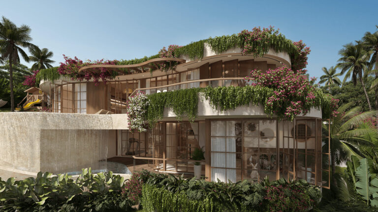 Modern villa with lush greenery and flowers