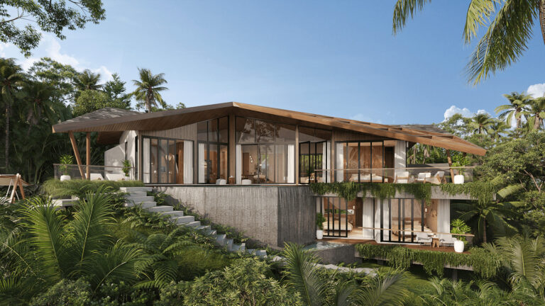 Modern tropical house with large windows and lush greenery.