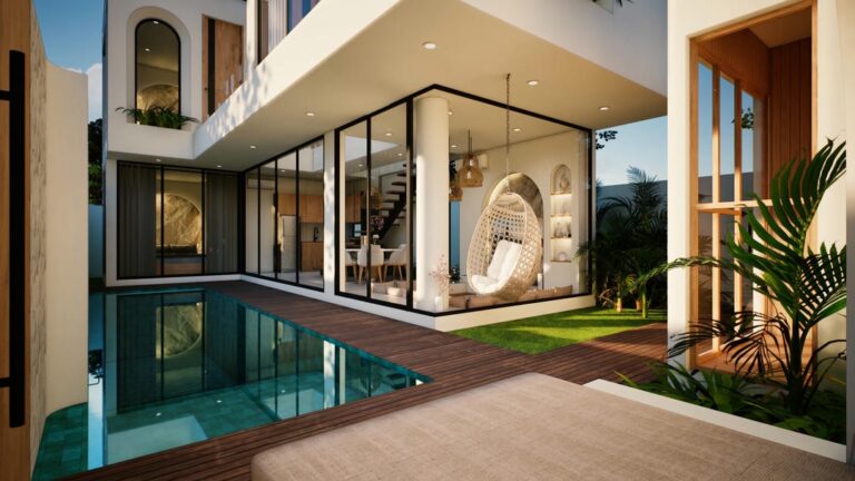 Modern house with glass walls and pool