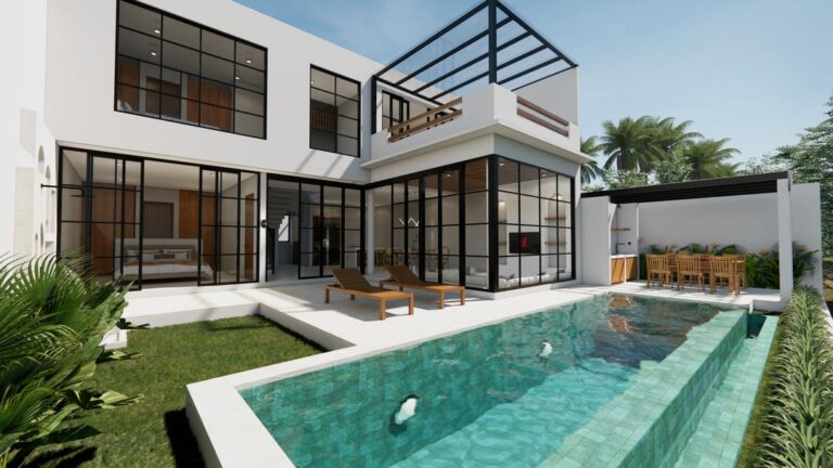 Modern house with glass windows and pool