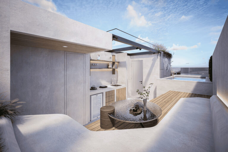 Luxury rooftop terrace with kitchen and pool.