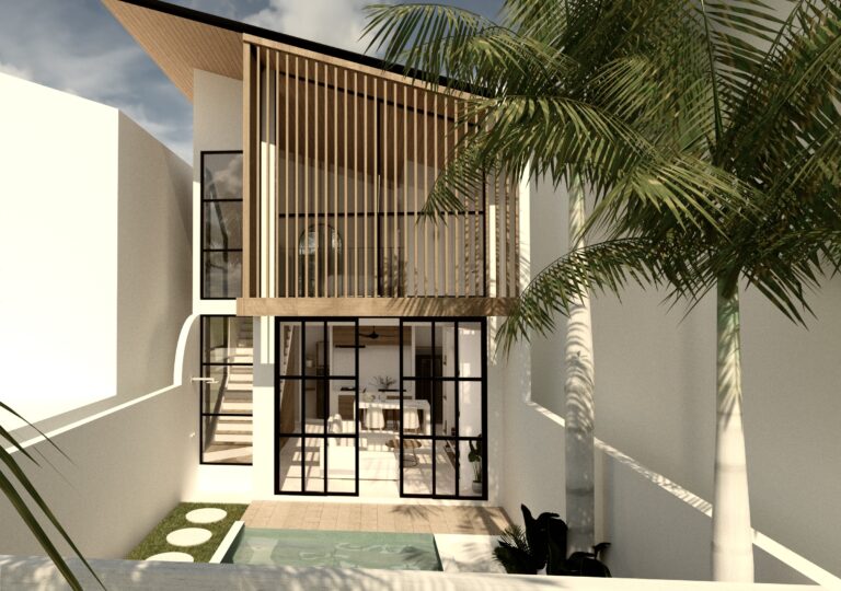 Modern house exterior with wooden panels and palm trees.