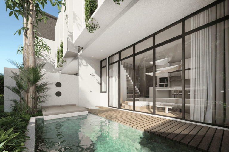 Modern house with pool and glass facade.