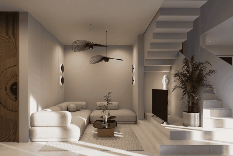Modern minimalist living room with staircase and sofa.