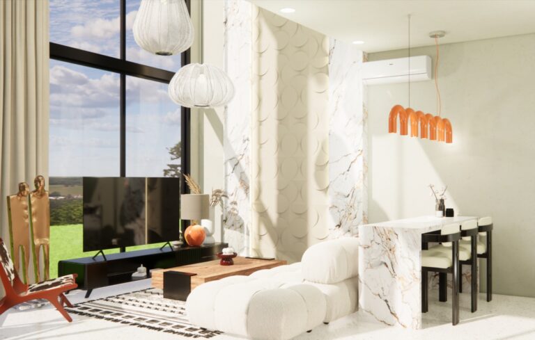 Modern living room with marble accents and large window.