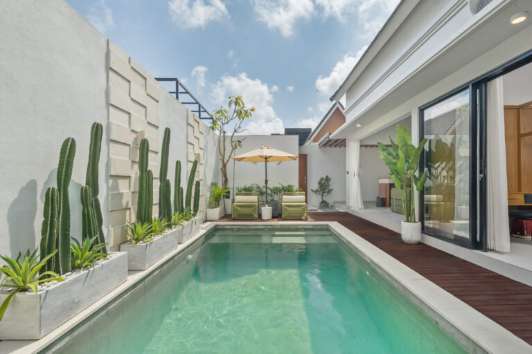 Modern backyard with pool and lounge area.