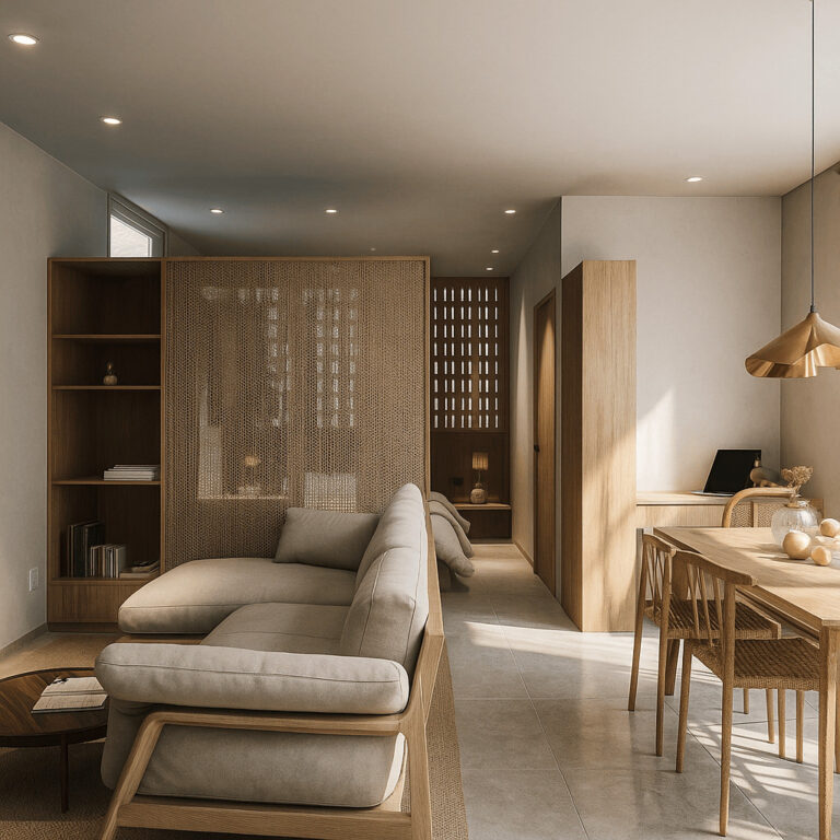 Modern minimalist living room with light wood furniture.
