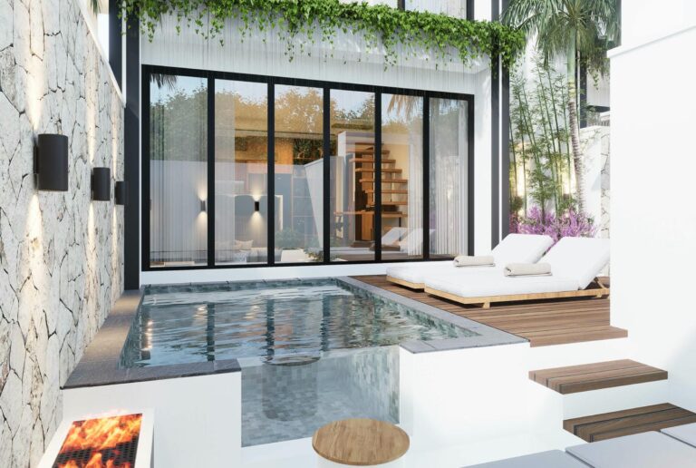 Luxury patio with pool and lounge chairs