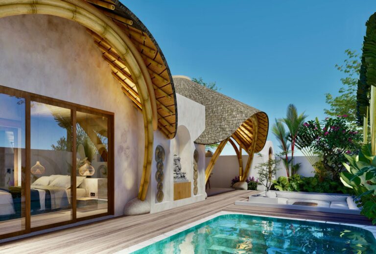 Luxury bamboo villa with pool and garden.