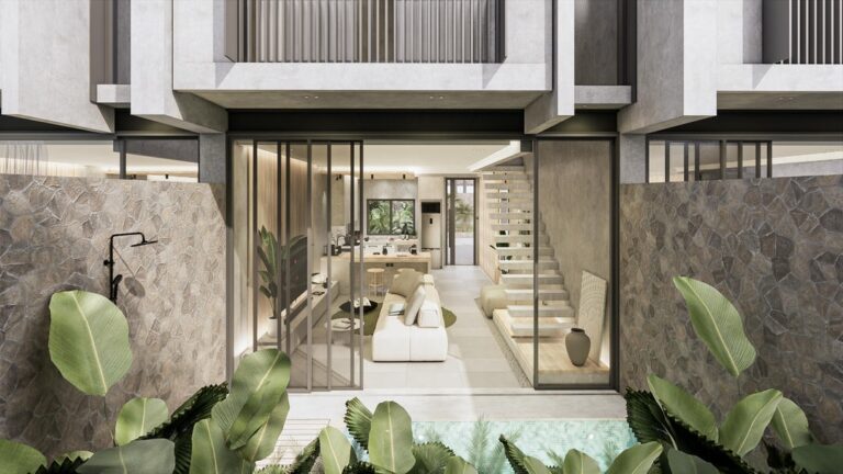 Modern interior with open living area and stairs