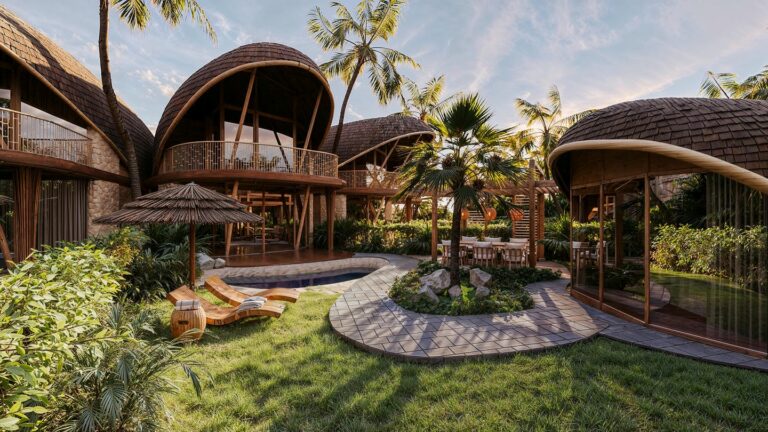 Luxury tropical resort with palm trees and pool.