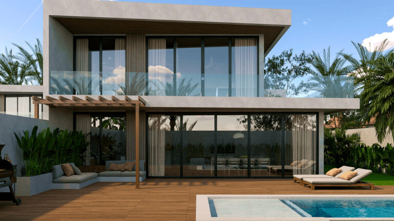 Modern house with pool and terrace view.