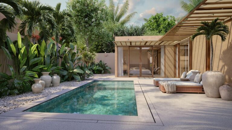 Tropical patio with pool and modern furniture.
