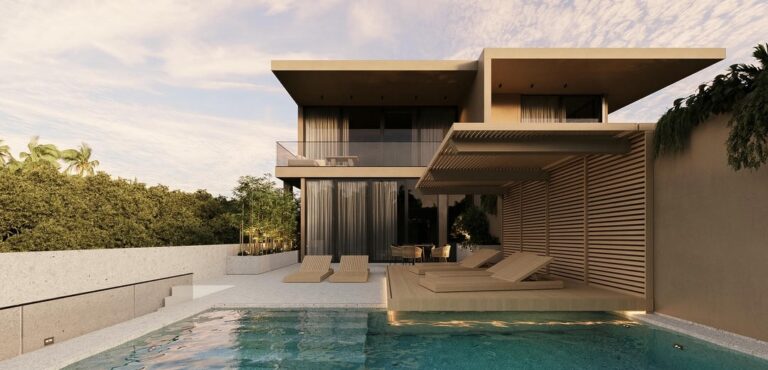 Modern house with pool and wooden deck