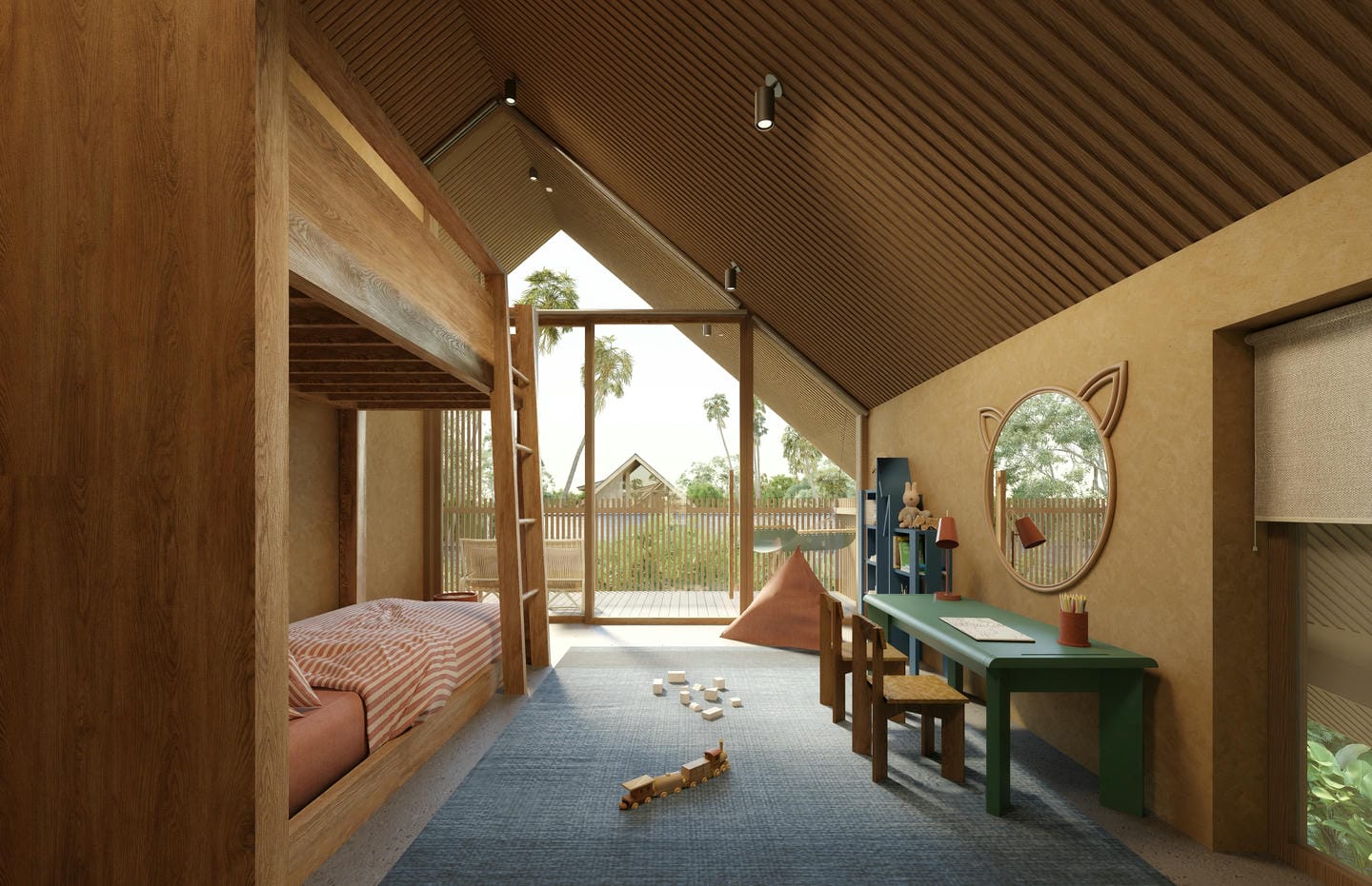 Cozy kids' room with loft bed and desk.