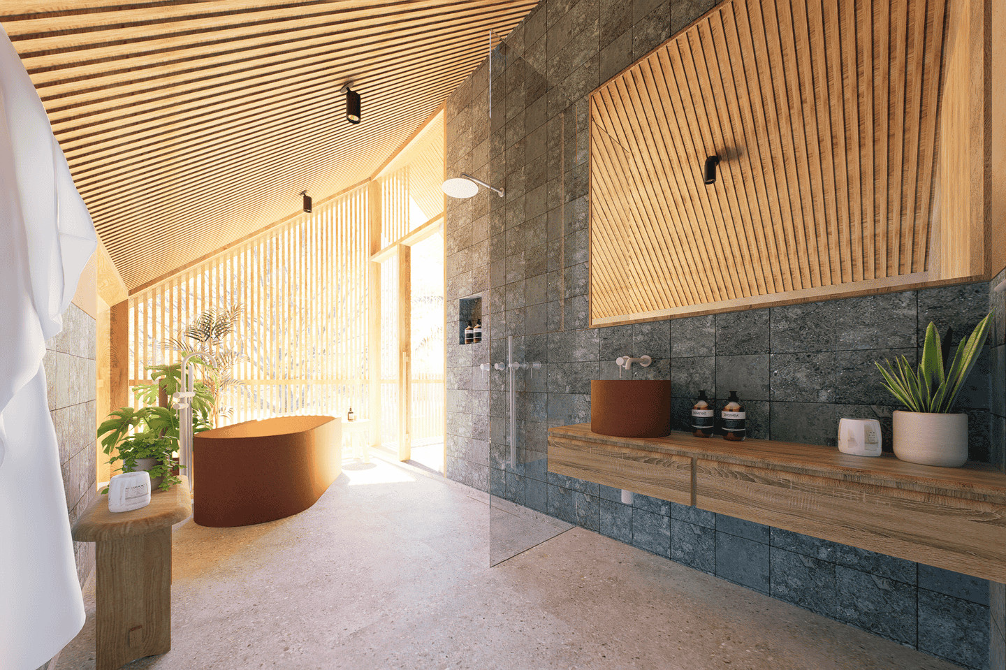 Modern bathroom with natural lighting and wooden accents.