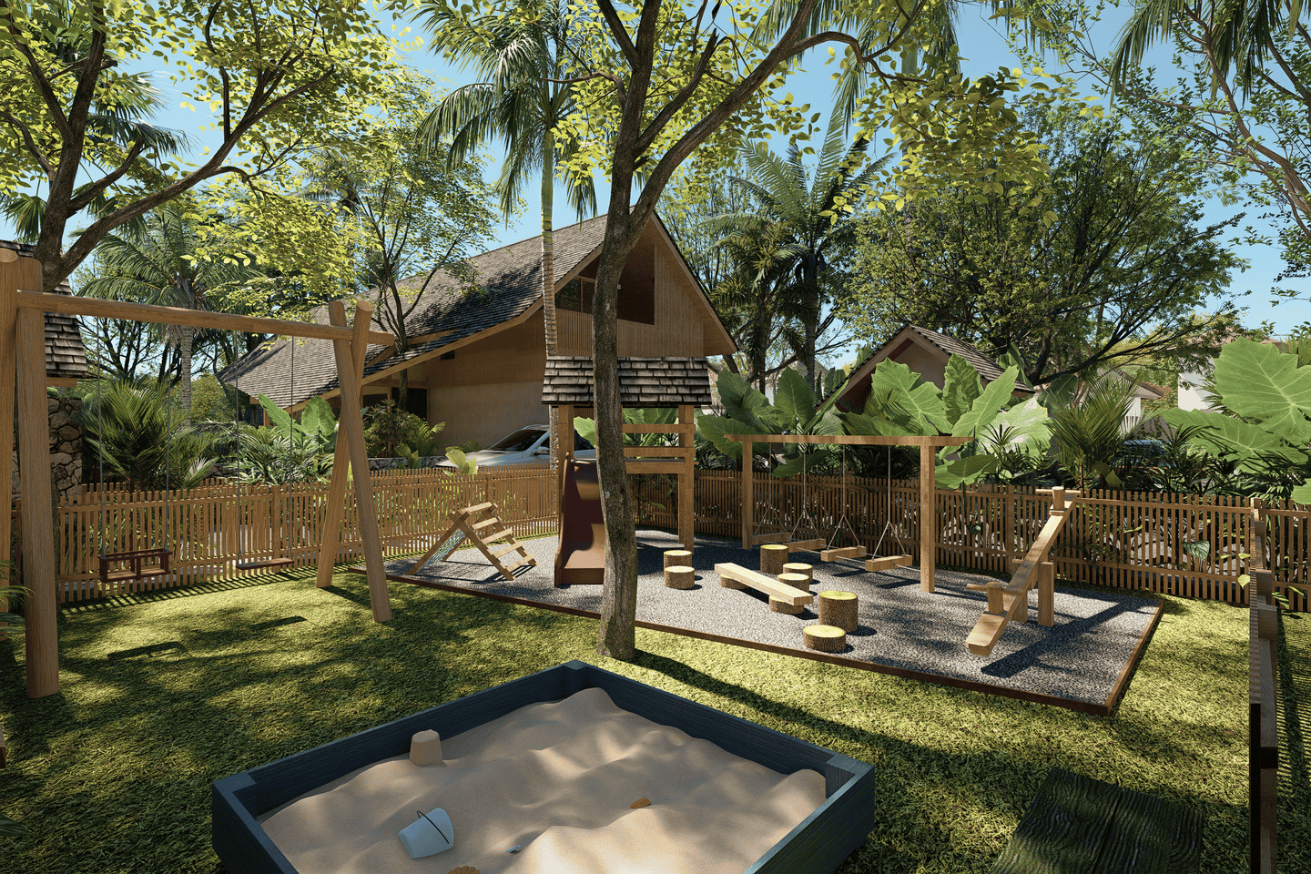 Outdoor playground with swings and sandbox.