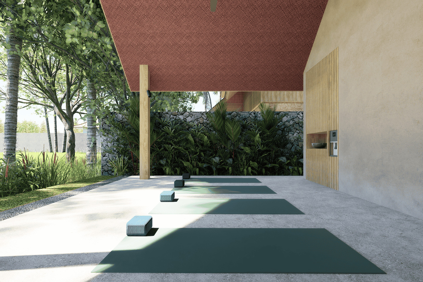 Outdoor yoga mats with blocks under canopy