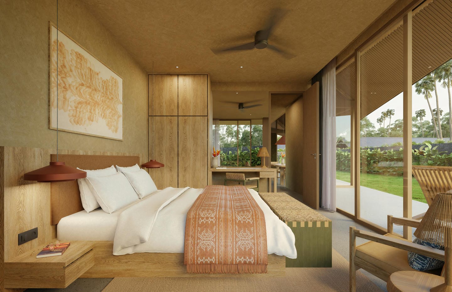 Modern bedroom with wooden decor and garden view